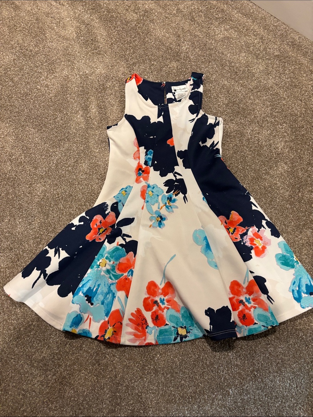 Floral Fit & Flare Kids Dress - Navy, White & Coral
